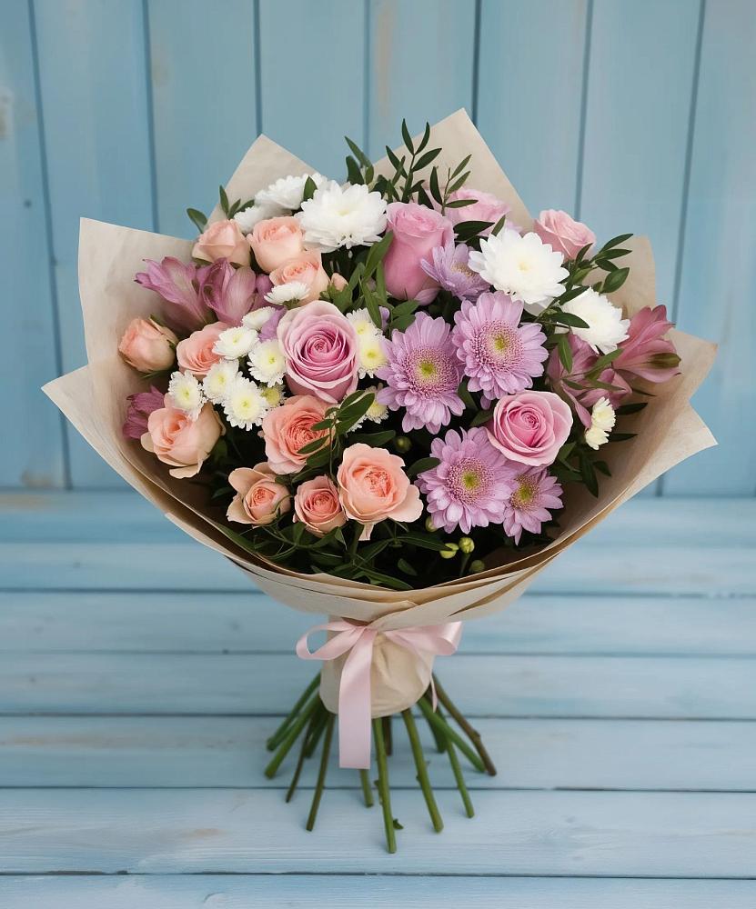 Букет цветов из: Хризантемы, Розы и Альстромерии в Космодемьянский