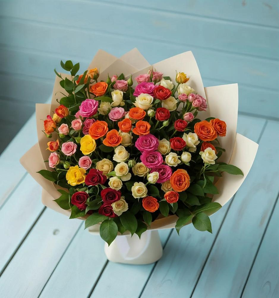 Букет Микс из разноцветных кустовых роз в Космодемьянский