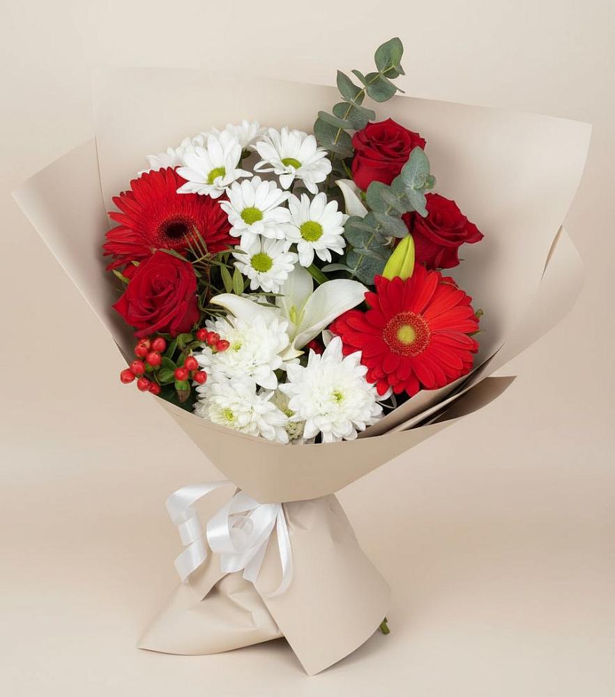 Букет цветов из: Розы, Хризантемы, Герберы и Лилии в Космодемьянский