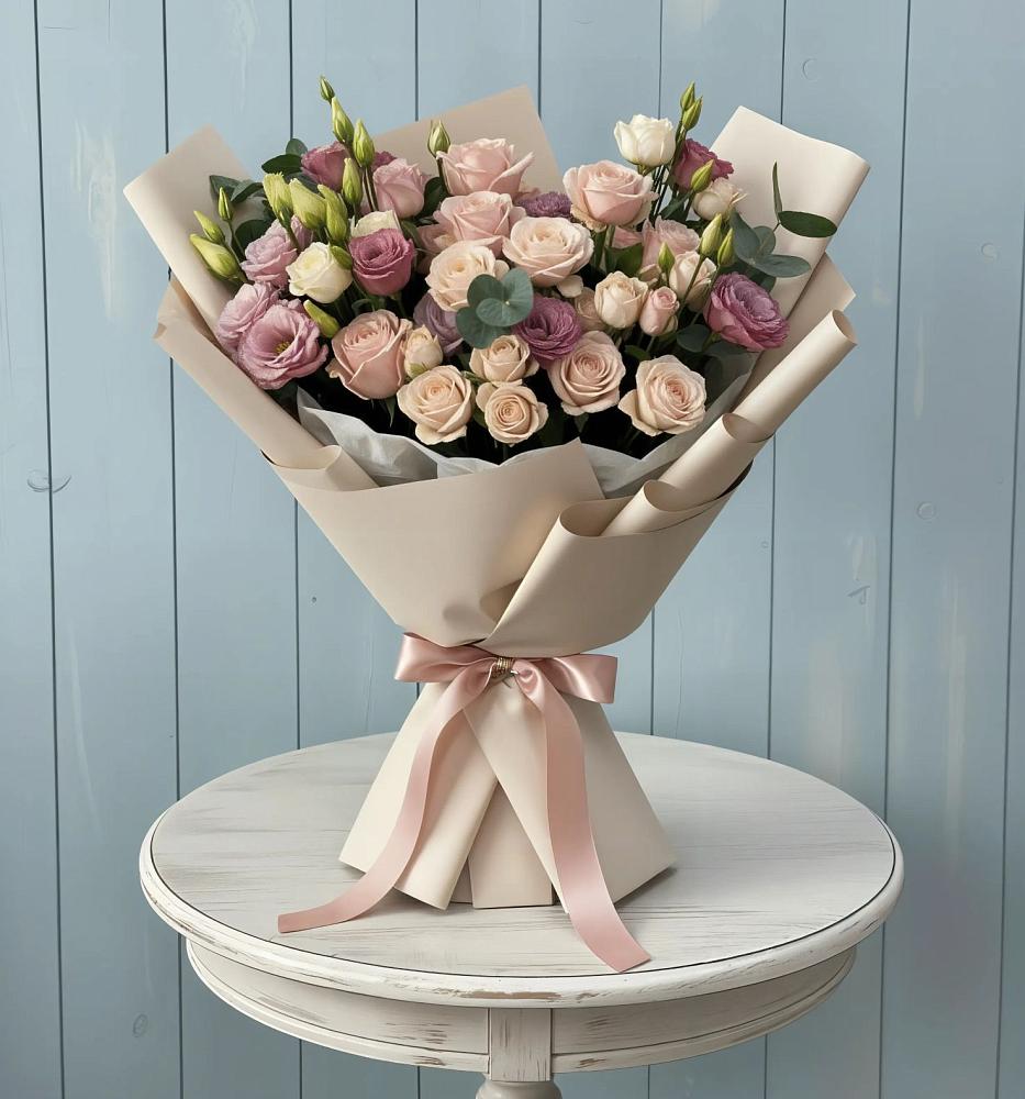 Букет цветов из: Розы и Лизиантусы в Космодемьянский