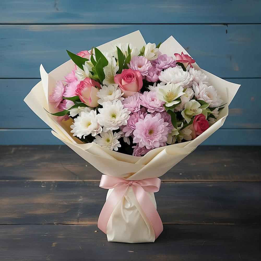 Букет цветов из: Хризантемы, Альстромерии и Розы в Космодемьянский